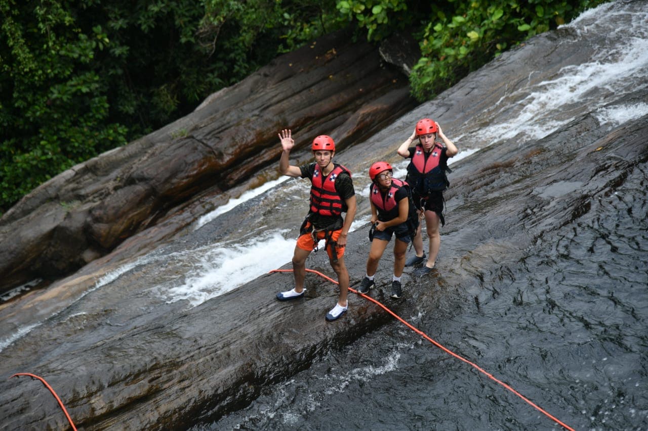 Guest rappelling down rainforest waterfall gorge